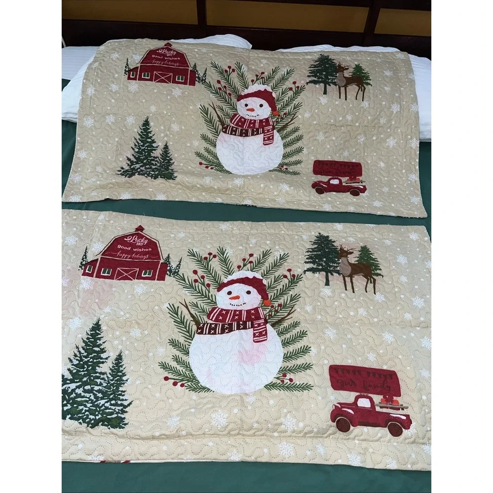 Vintage 3 Pcs King Merry Christmas Quilt Set Festive Bedspread Rustic Farmhouse‎